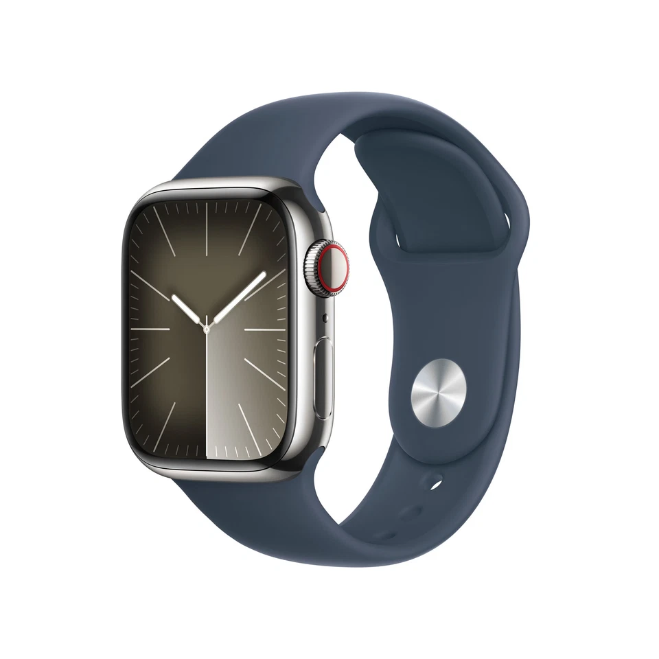Apple Watch Series 9 LTE 41mm Edelstahl Silber Sportarmband Sturmblau M/L - Bild 1 von 4