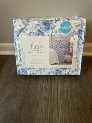The Farmhouse Rachel Ashwell Blue Floral Cotton Sheet Set Size Queen - Image 1 of 4