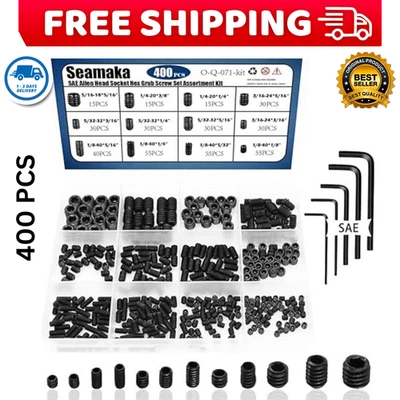 BRANDED 400Pcs SAE Set Screws Assortment Kit with Allen Keys,12 Size 12.9 Class Alloy St
