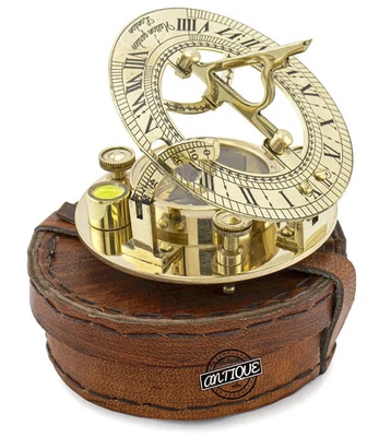 日晷罗盘皮革表壳古董老式太阳手表水手礼品桌装饰 — 第 1/4 张图片