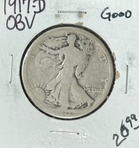 1917-D OBV. WALKING LIBERTY SILVER HALF DOLLAR ~ GOOD ~NICE COIN~ - Foto 1 di 2