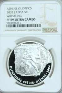 2002 LATVIA SILVER 1 LATS WRESTLING NGC PF 69 ULTRA CAMEO SCARCE HIGH GRADE - Picture 1 of 4