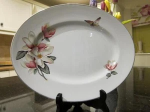 Rare Wood & Sons Ironstone Alpine White Oval Platter Plate Butterfly Pink Flower - Picture 1 of 6
