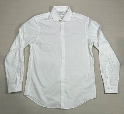 Calvin Klein белый Slim Fit длинным рукавом рубашка эластичной мужской размер 16 34 / 35 - Изображение 1 из 4