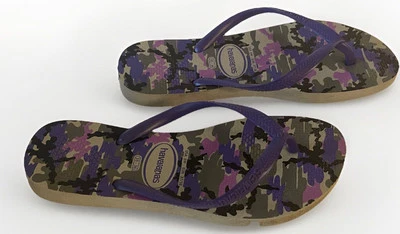 Havaianas 紫色迷彩人字拖女式美国 6 平凉鞋多色二手状况完好 — 第 1/4 张图片