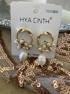 Aretes colgantes de perlas de agua dulce enchapados en oro de 18 quilates en plata de ley 925 - Imagen 1 de 3