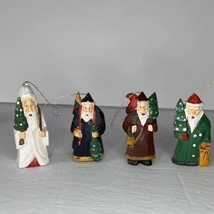 Vintage Hand Carved Painted Wooden Santa Claus 4 Christmas Tree Ornaments - Picture 1 of 6