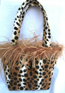 VTG..LEOPARD..VELOUR..TOTE..HANDBAG..REAL FEATHERS..NEW - Picture 1 of 4