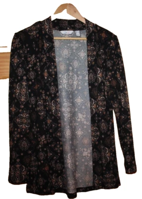 Cárdigan para mujer Denim & Co. negro blanco estampado, frente abierto - talla S Foto 1 de 3