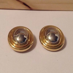 Liz Claiborne Gold Silver Button Style Clip On Earrings 1 1/4" - Picture 1 of 2