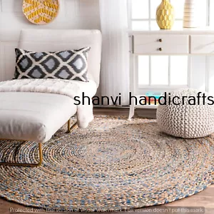 Handmade Rug Hand Braided Rug Bohemian Round Jute Denim 150 CM Rug Floor Rag Rug - Picture 1 of 4