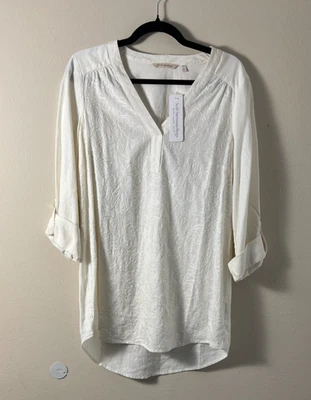 ¡NUEVO CON ETIQUETAS! Top túnica bordada Soft Surroundings Lilith blanco mezcla de lino talla S Foto 1 de 4