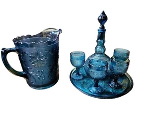 Tiara Indiana Glass Wine Dcanter 4 Glasses & Pitcher Bicentennial Blue Sandwich - Picture 1 of 12