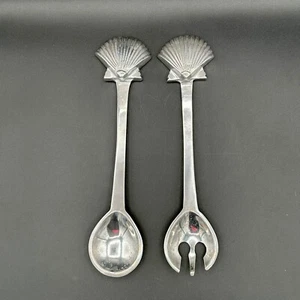 Alloy Metal Serving Spoon And Fork Sea Shell Salad Utensils 13.25 Inch - Picture 1 of 11
