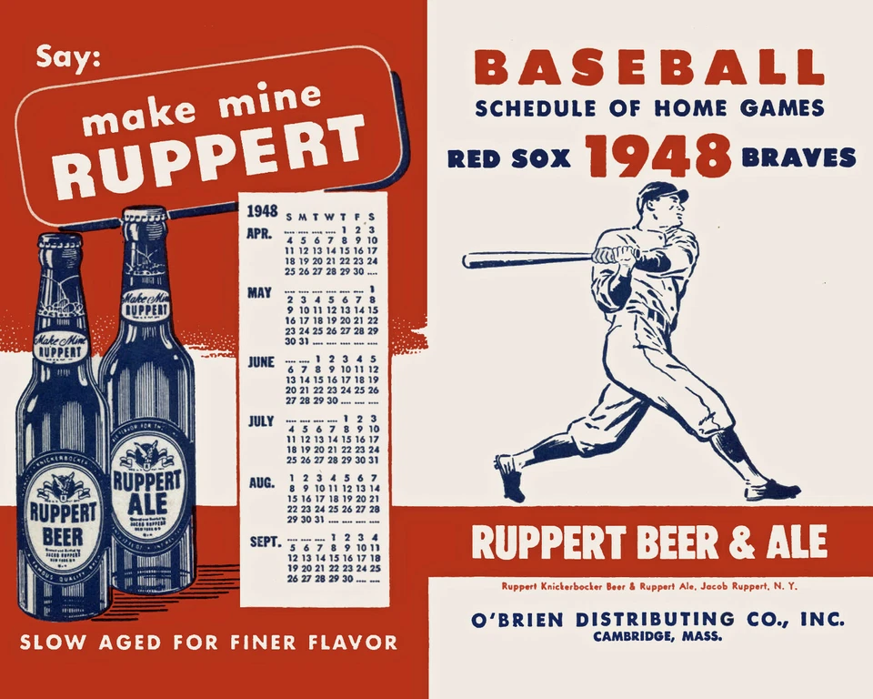 Art Poster - 1948 Boston Braves & Red Sox Ruppert Beer Schedule - 8x10 Photo - Image 1 of 1