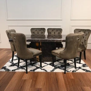 Florence 7 Piece Dining Set Marble Veneer Table and Velvet Fabric Chairs - Picture 1 of 9