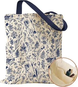 Aesthetic Canvas Tote Bag with Inner Pocket for Women, Cloth Cotton Totes Bag wi - Picture 1 of 12