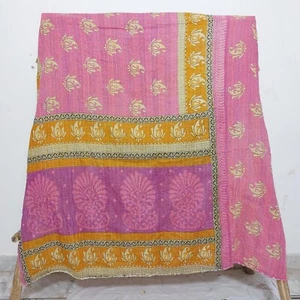 Vintage Pink Kantha Quilt Bedspread Indian Handmade Throw Cotton Blanket - Picture 1 of 2
