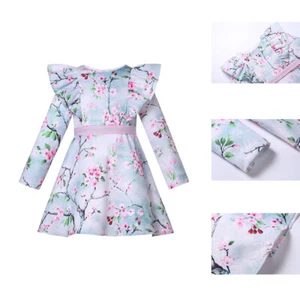 Girls Blue Flower Print Ruffled Long Sleeve Dress Size 2 3 4 5 6 8 10 12 - Picture 1 of 12