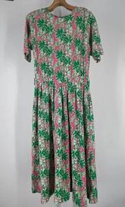 Lilly Pulitzer Vintage 80s 90s Green Pink Floral Cotton Spandex AOP Dress Large - Picture 1 of 6