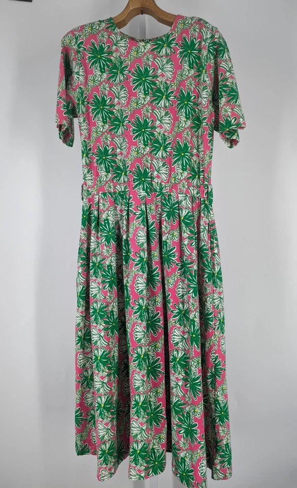 Vestido Lilly Pulitzer Vintage Anos 80 Anos 90 Verde Rosa Floral Algodão Elastano AOP Grande - Imagem 1 de 4
