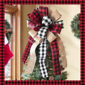 Christmas Tree Topper - Buffalo Plaid Red Black Burlap Decorative Bow - Rustic - Picture 1 of 5