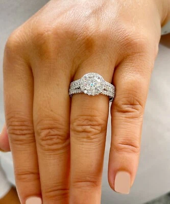 18k White Gold Round Cut Diamond Engagement Ring Prong Set Art Deco Halo 2.60ctw - Image 1 of 4