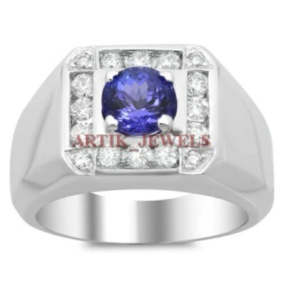Naturale Tanzanite Pietra preziosa con 14K Bianco Placcato Oro Anello Argento - Immagine 1 di 4
