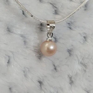 Sterling Silver 925 Necklace Pendant Dainty Pearl Peach 18" Chain Classic Simple - Imagen 1 de 10