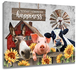 Arte de pared de lona de vaca animal de granja girasol amarillo decoración para sala de estar 10x8 pulgadas - Imagen 1 de 7