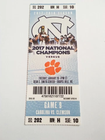2017-18 North Carolina Tar Heels Clemson Basketball Full Ticket Stub Cover