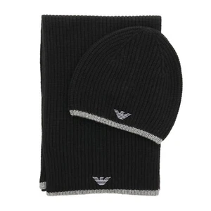 Emporio Armani Eagle Logo Rib-knit Black Beanie Hat & Scarf Set 8N1451 1MA9Z - Picture 1 of 2