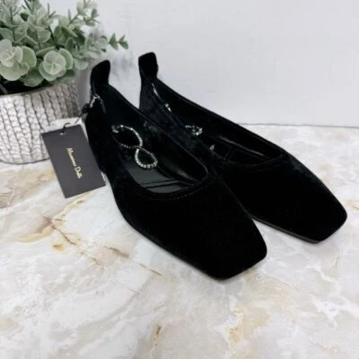 NWT Massimo Dutti Ballet Flats Square Toe Rhinestone Ankle Strap Black Velvet 5 - Image 1 of 4