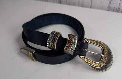 Brighton 蓝色皮革时尚腰带 尺寸 M/30 1 英寸宽 2 色 H’ware 美国 VGUC 531071 — 第 1/3 张图片