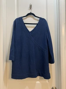 Soft Surroundings XLarge Blue Vneck Tunic Top 3/4 Sleeves Armpit To Armpit 26” - Picture 1 of 5
