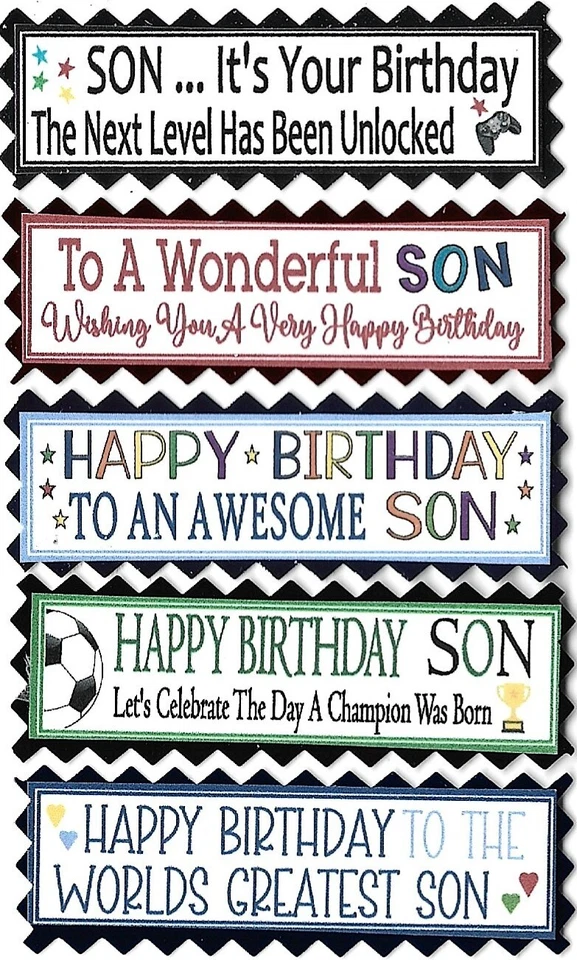 5 SON or SON IN LAW BIRTHDAY Greeting Card Craft Sentiment Message Banner Tags - Image 1 of 1