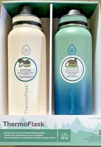 ThermoFlask 40oz Stainless Steel Bottles, 2-pack / Green & White Cream - Picture 1 of 4