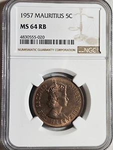 Mauritius 5 Cents 1957 NGC MS 64 RB - Picture 1 of 2