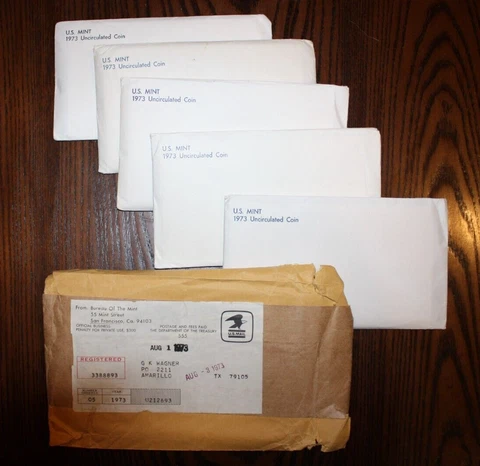 5x  1973 Mint Set sets  PD  BU Eisenhower IKE original Yellow Shipping Envelope Cover