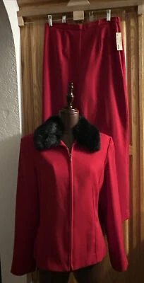 NUEVO CON ETIQUETAS Amanda Smith Rojo Extraíble Imitación Cuello Cremallera Frontal Chaqueta Pantalón Traje 10P Foto 1 de 4