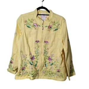 Quacker Factory Yellow Jacket Embroidered Floral Zip Front Stretch Sz L - Picture 1 of 9