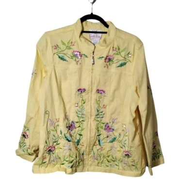 Quacker Factory Yellow Jacket Embroidered Floral Zip Front Stretch Sz L - Image 1 of 4