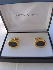 Preswick & Moore Gold-Tone and Black Enamel Oval Cufflinks, New Old Stock - Picture 1 of 8