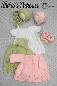 Knitting Pattern for Baby Jacket, Bonnet, Dress & Booties, DK, KP600 - Picture 1 of 8
