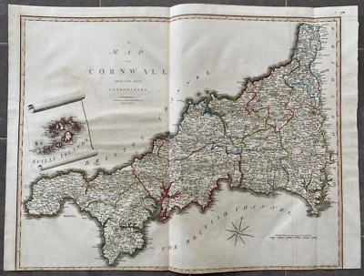 Mapa antiguo de 1805; John Cary mapa grande de Cornualles, Britannia de Camden Foto 1 de 4