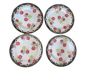 4x Anthropologie 8" Silver Rim Floral Dessert Salad Plates Red Flowers Floral - Picture 1 of 3