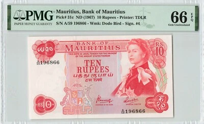 MAURITIUS 10 Rupees 1967, P-31c Sign:4, PMG 66 EPQ Gem UNC, QEII Banknote - Image 1 of 2