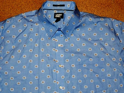 Mens Lands End No Iron Twill 2XL 18-18.5 1/2 blue floral button up down shirt - Image 1 of 4