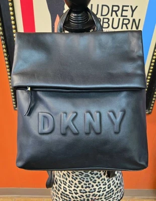 DKNY Black TILLY Foldover Faux Leather Backpack Purse NWOT Logo Adj. Straps - Image 1 of 4