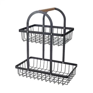 Two Tier Metal Fruit Basket for Kitchen and Dining Room with Wooden Handles - Picture 1 of 10